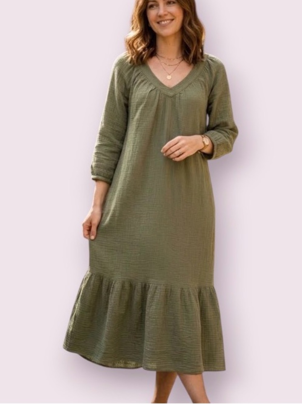 Lucky Brand Crinkle Gauge Flounce Hem Boho Midi Dress Olive Green Size Medium
